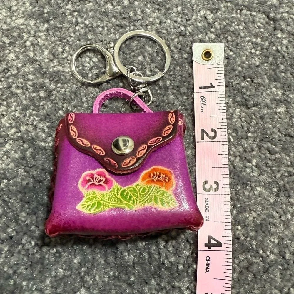 Artisan Purple Floral Leather‎ Keychain bag charm Coin purse NWOT